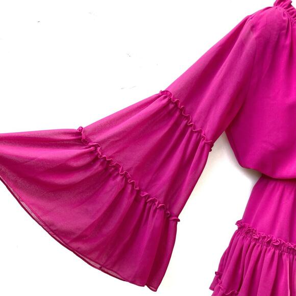 MISA Leeva Pink Ruffle Mini Dress Romantic Boho Coquette Cottagecore Vacation - Picture 7 of 16